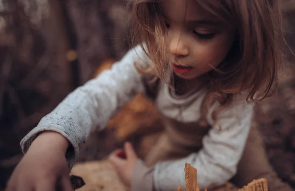 Close Little Girl Exploring Nature Outdoors Autumn Forest — Fotografia de Stock