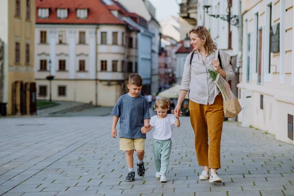 Young Mother Zero Waste Shopping Bag Holding Hands Her Children — Stock Photo, Image