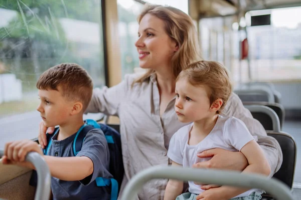 Young Mother Little Kids Travelling Tram Summer Commuting Sustainable Lifestyle — Stock Photo, Image