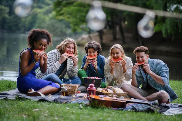 Een Groep Jonge Vrienden Die Plezier Hebben Picknick Buurt Van — Stockfoto