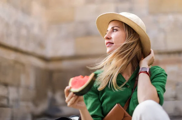 Young Woman Traveller Eating Watermelon Street Hot Sunny Day Summer — Fotografia de Stock