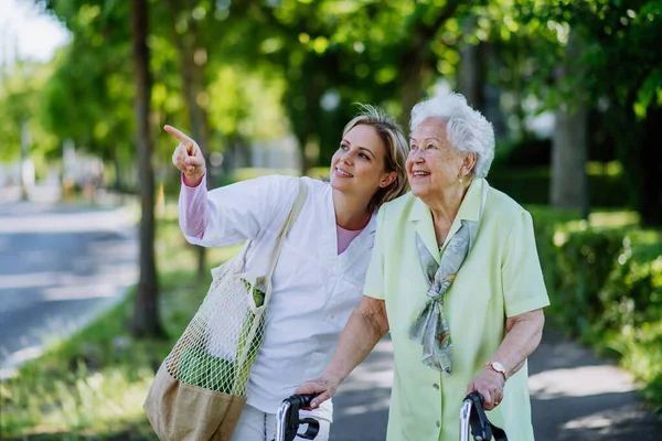 Gondozó Portréja Parkban Sétáló Idős Nővel — Stock Fotó