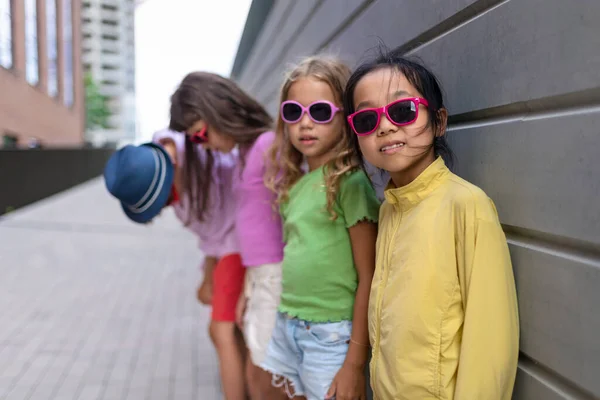 Happy Friends Posing Together City Standing Front Concrete Wall Looking — Stock Fotó