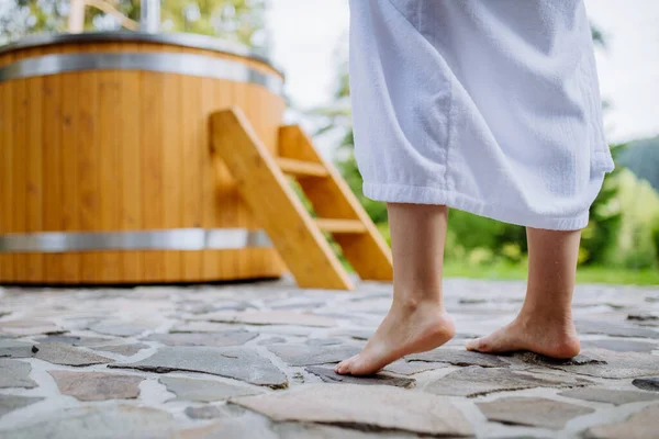 Lowsection Woman Bathrobe Standing Barefoot Terrace Hot Tub Enjoy Walking — Fotografie, imagine de stoc