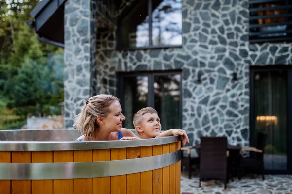 Other Her Little Son Enjoying Bathing Wooden Hot Tub Terrace — Fotografia de Stock
