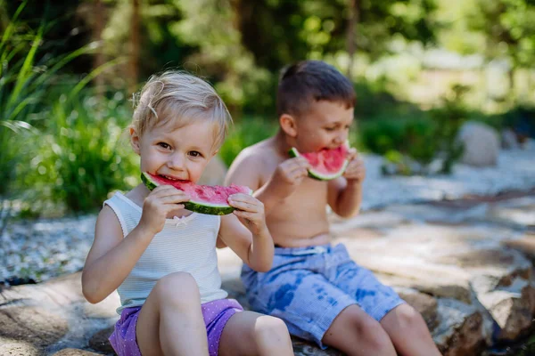 Little Chidren Sitting Lake Eating Watermelon Hot Sunny Day Summer — Stockfoto