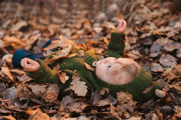 Little Boy Lying Dry Leaves Nature Autumn Concept — 图库照片