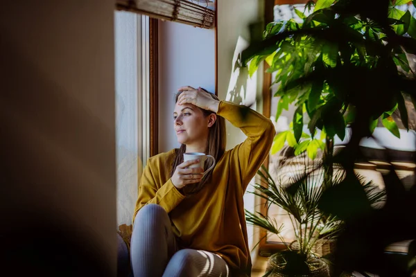 Portrait Happy Young Woman Resting Daydreaming Home Shot Window — стоковое фото