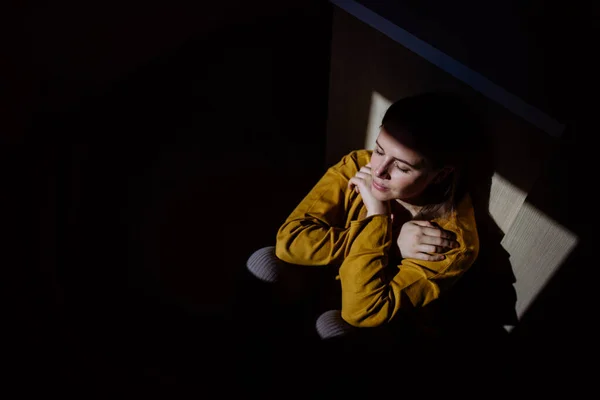 Sad Woman Holding Hand Blessings Pray Feeling Begging Help Spirituality — Foto de Stock