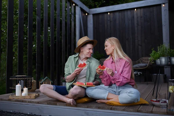 Cheerful Young Couple Love Eating Watermelon Together Terrace — Foto de Stock