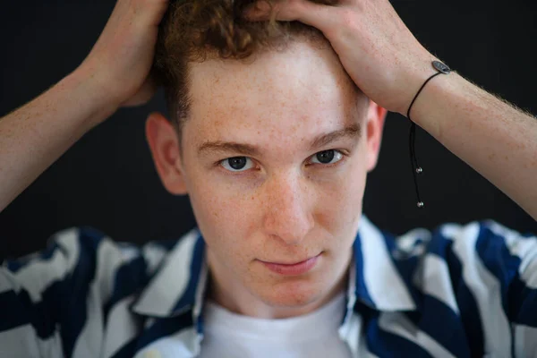 Portrait Thoughtful Handsome Young Man Ginger Hair Freckles Looking Away — Stockfoto