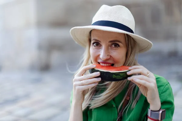 Young Woman Traveller Eating Watermelon Street Hot Sunny Day Summer — 图库照片