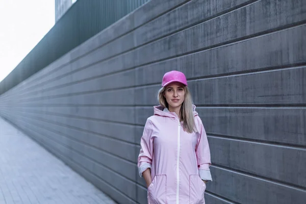 Young Woman Fashion Clothes Standing City Concrete Wall — 스톡 사진