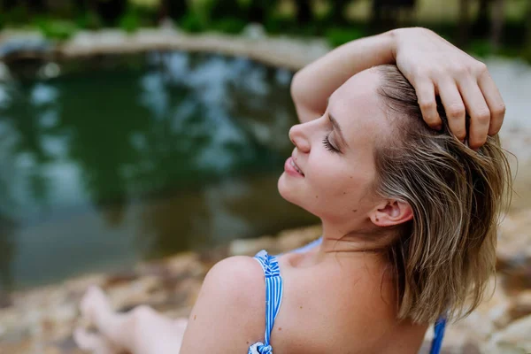Rear View Happy Young Woman Resting Sunbathing Swimsuit Lake Hot —  Fotos de Stock