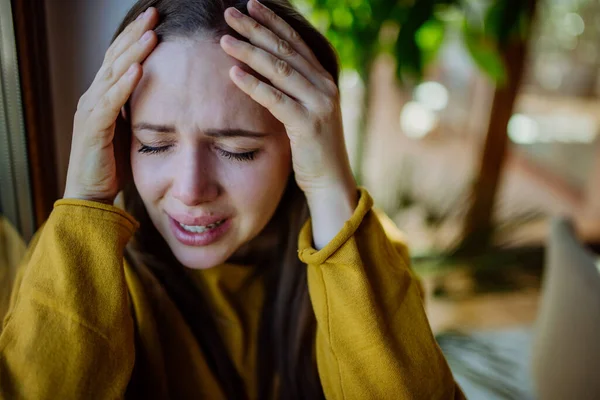 Woman Suffering Depression Crying Home Holding Head Her Hands — Fotografia de Stock