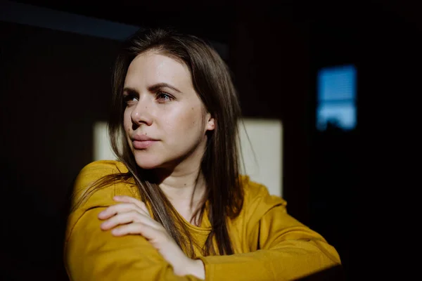 Close Portrait Young Woman Resting Home Shot Window — Fotografia de Stock