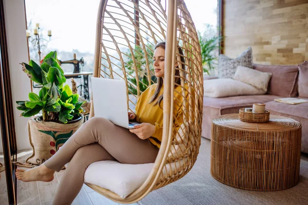 Work Home Study Online Concept Woman Working Laptop Outdoor Terrace — Stockfoto