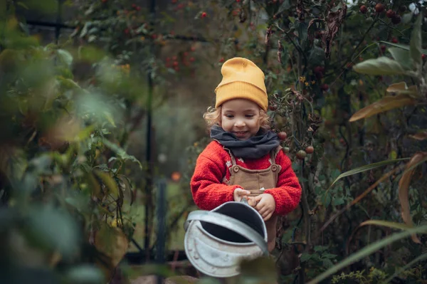 Little Girl Autumn Clothes Watering Bio Vegetable Family Greenhouse — 图库照片