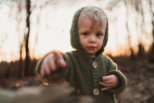 Podzimní Portrét Šťastného Chlapečka Pleteném Svetru Sedícího Hrajícího Suché Trávě — Stock fotografie