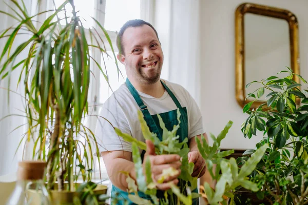 Young Man Syndrome Taking Care Plants Home Smiling Looking Camera — Fotografia de Stock