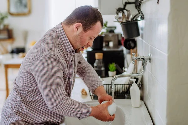 Man Syndrome Washing Dishes Taking Care Himself Concept Independent Social — Zdjęcie stockowe