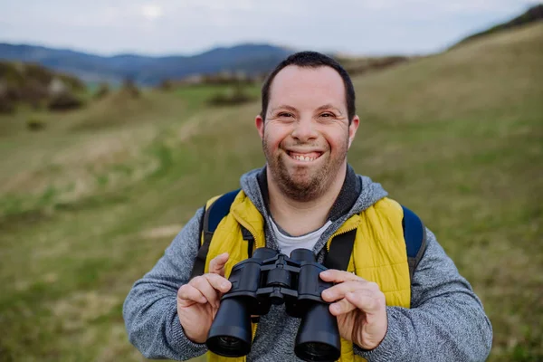 Portrait Happy Young Man Syndrome Outdoor Enjoying Nature Looking Trough —  Fotos de Stock