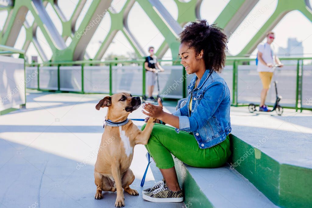 Multiracial girl sitting and resting with her dog outside in the bridge, training him, spending leisure time together. Concept of relationship between a dog and teenager, everyday life with pet.