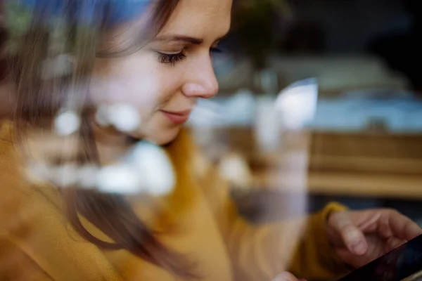 Close Portrait Happy Young Woman Resting Home Shot Window — Stockfoto