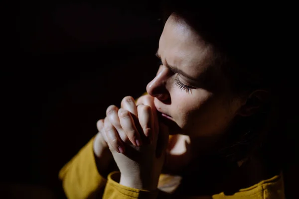 Sad Woman Holding Hand Blessings Pray Feeling Begging Help Spirituality — Stock Photo, Image