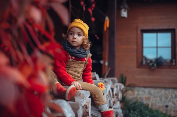 Happy Little Girl Sitting Resting Pile Wood Flower Surrouded Red — Stock fotografie