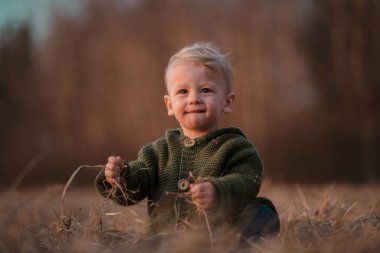 A little curious boy in knitted sweater on walk in autumn nature, looking at camera.