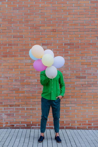 Fun Portrait Happy Energetic Mature Man Holding Balloons Street Hiding — 图库照片