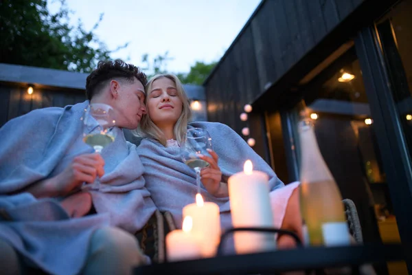 Young Couple Wine Resting Outdoors Terrace Evening Weekend Away Tiny — Stockfoto