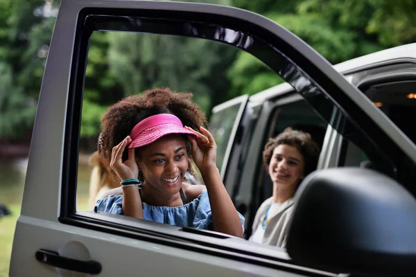 Young Multiracial Woman Looking Car Mirror Checking Her Visage — Fotografia de Stock