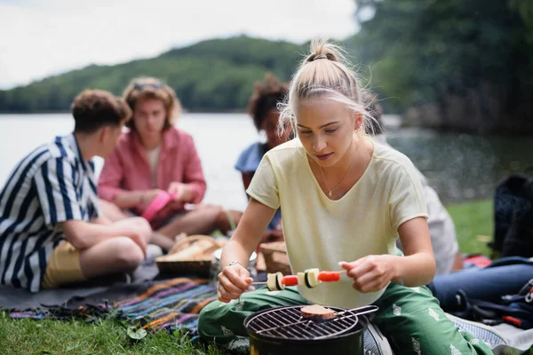 Group Multiracial Young Friends Camping Lake Having Barbecue Together — Zdjęcie stockowe