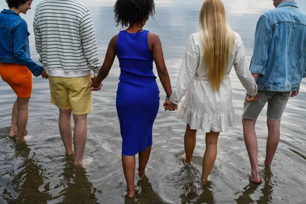 Multiracial Group Young Friends Holding Hands Standing Lake Summer Rear — Stock Fotó