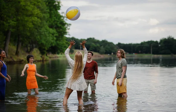 Multiracial Group Young Friends Playing Ball Lake Summer Day Having — стоковое фото