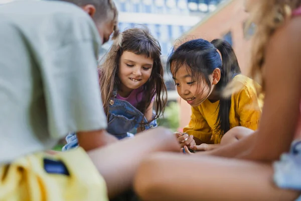 Happy Kids Playing Talking Together City Park Summer Day — Φωτογραφία Αρχείου