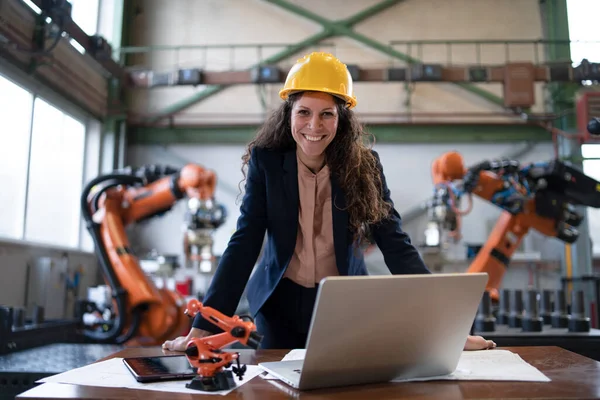 Portrait Female Chief Engineer Modern Industrial Factory Using Computer — Stok Foto