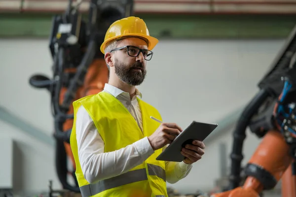 Automation Engineer Holding Digital Tablet Industrial Factory — Stock Fotó