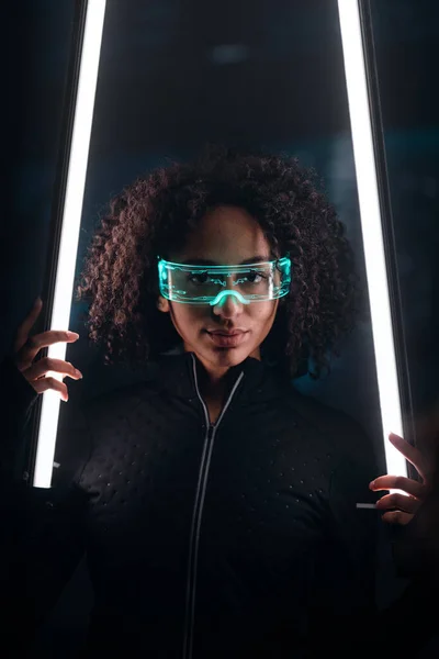 Metaverse digital cyber world technology, a young woman with smart glasses, futuristic lifestyle