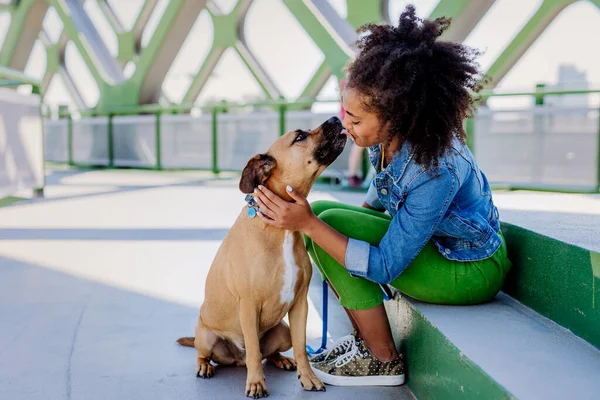 Multiracial Girl Sitting Resting Her Dog Bridge Training Him Spending — Stockfoto