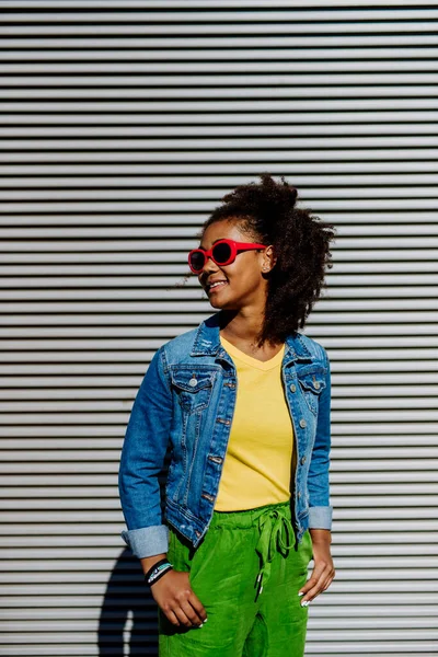 Young Happy Multiracial Teenage Girl Red Sunglasses Afro Hairstyle Standing — Foto Stock