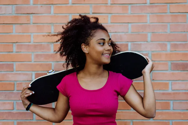 Multiracial Teenage Girl Backpack Skateboard Walking City Summer Day — 图库照片