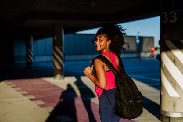 Multiracial Teenage Girl Walking Backpack Modern City Summer Day Back — Foto Stock