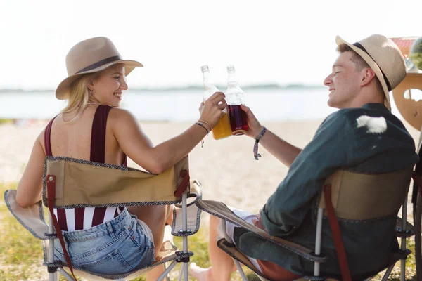 Happy Young Couple Sitting Together Front Van Camping Having Toast — Fotografia de Stock