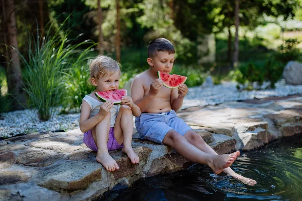 Küçük Çocuk Yaz Tatilinde Bir Gölün Kenarında Oturup Karpuz Yiyor — Stok fotoğraf