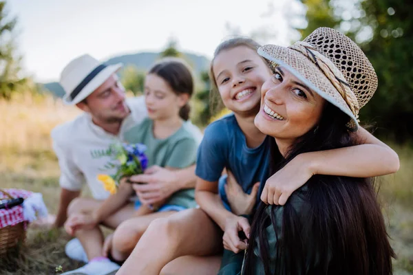 Happy Mother Her Daughter Hugging Together Family Picnic Nature Sitting — Foto de Stock