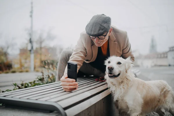 Elegant senior man with smartphone taking selfie with his big dog and walking outdoors in winter city.