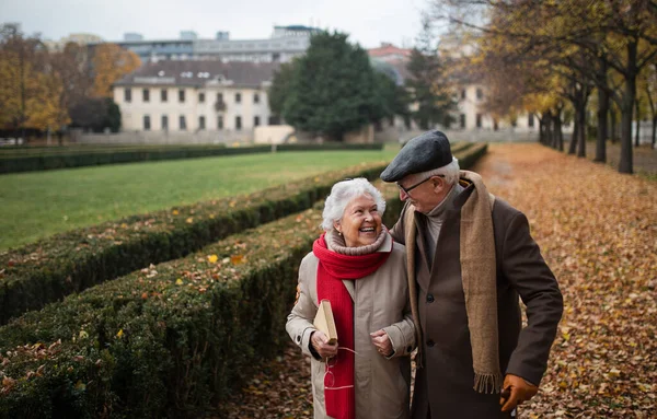 Happy Senior Couple Walk Outdoors Town Park Autumn — Stock Photo, Image